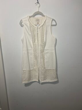 Chico’s Cream Eyelet Lace Fringe Long Vest Duster Size 1 (M)  Boho Fringe